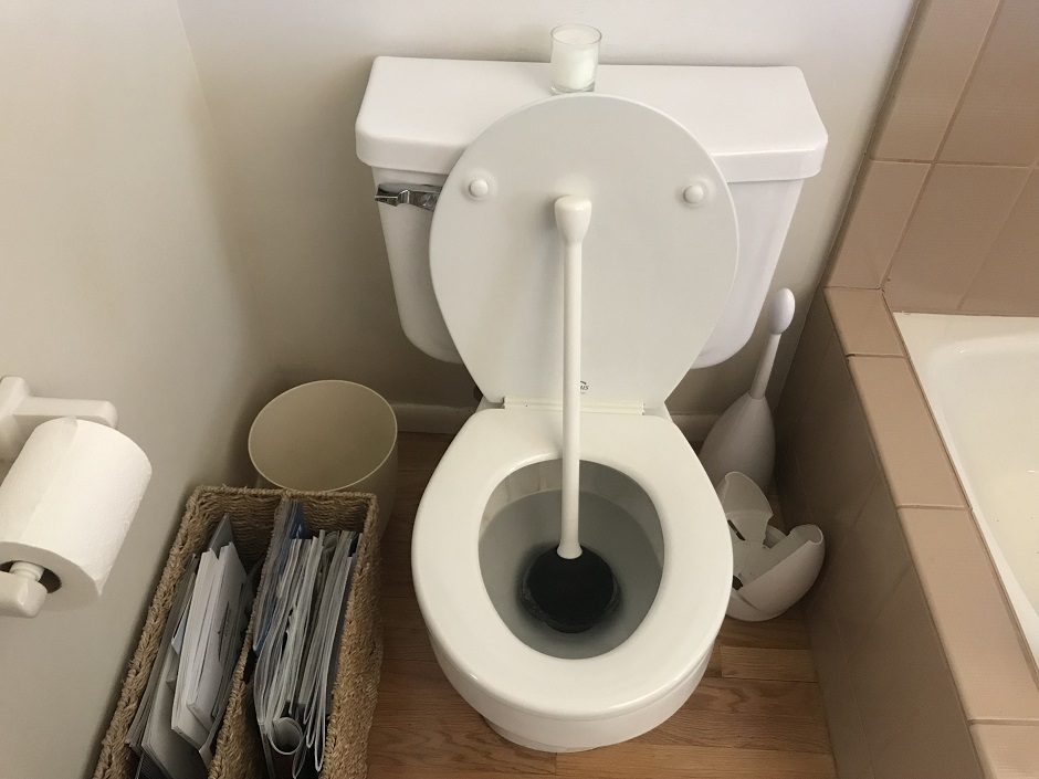 Bathroom shot of a toilet with a plunger inside